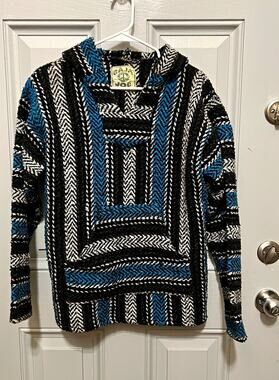 Baja Joe Blue & Black Woven Mexican Baja Hoodie Poncho - Size Unisex Small